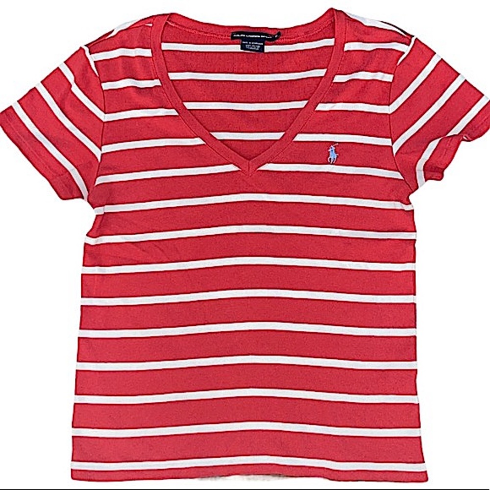 Ralph Lauren Coral Striped 100% Cotton V-Neck Tee